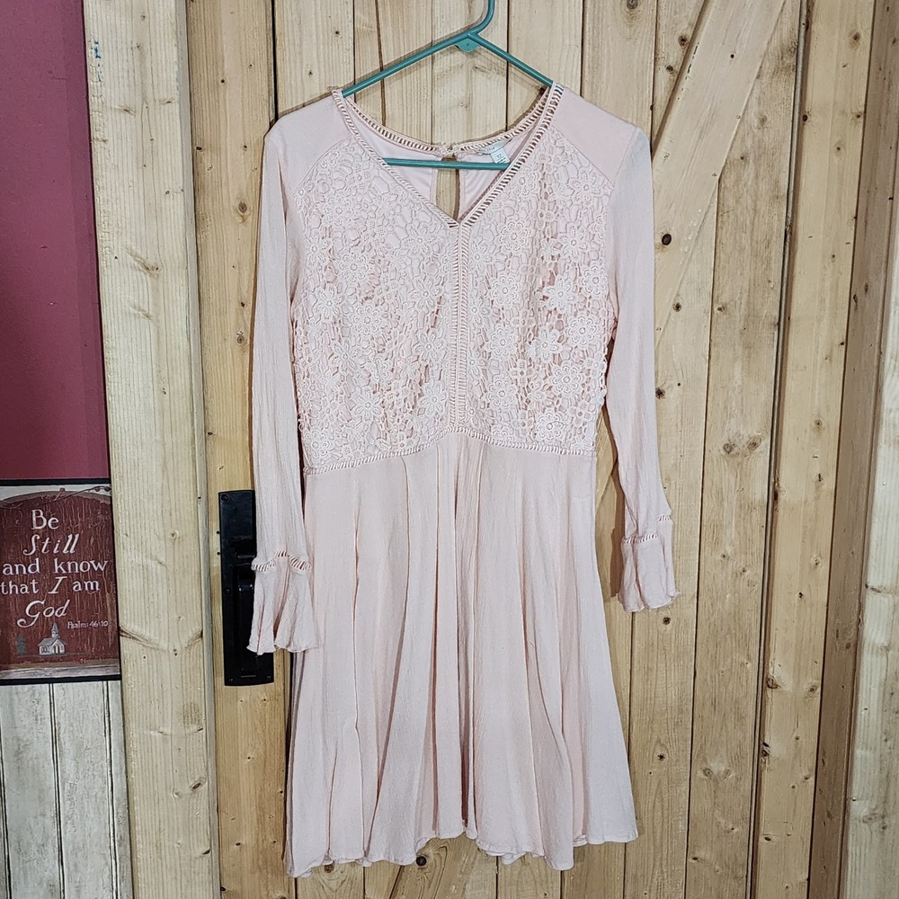 Est. 1946 Women Blush Pink Lace Bodice Long Sleeve Mini Dress Size 12 Boho